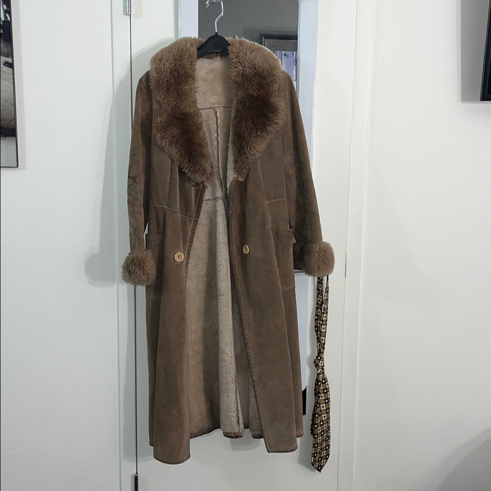 Brown Shearling Coat with Fur Trim